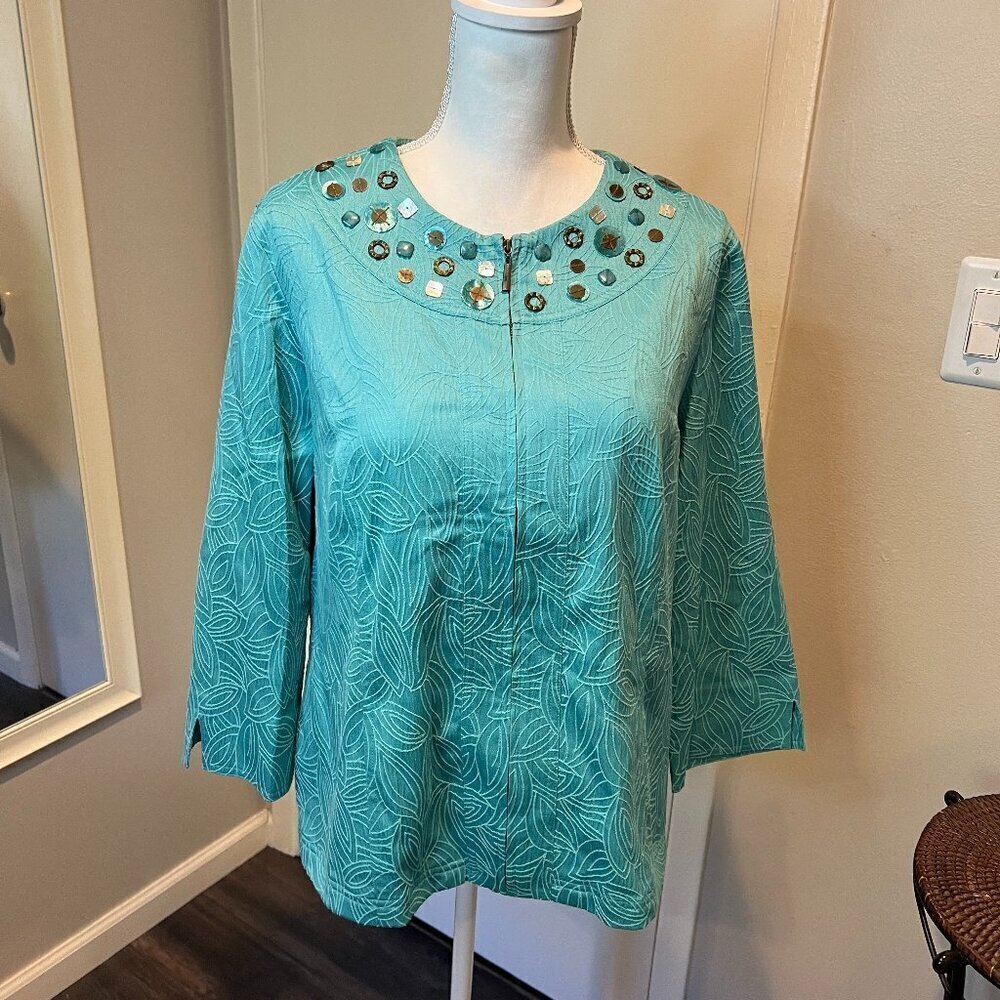 Alfred Dunner Turquoise Textured Fabric Beaded Blazer, Size 14